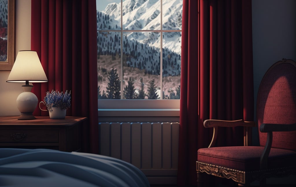 Hotel_room_with_red_curtains_and_snow_cap_mountains_out_e857c325-9c7d-44f6-b08f-84e5085994aa